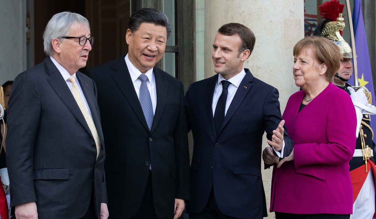 （左起）歐盟委員會主席讓-克洛德·容克（Jean-Claude Juncker）；中國領導人習近平；法國總統伊曼紐爾·馬克龍（Emmanuel Macron）；和德國總理安格拉·默克爾（Angela Merkel）在3月26日在巴黎舉行會議之前。照片：克里斯托弗·莫林（Christophe Morin）/彭博社