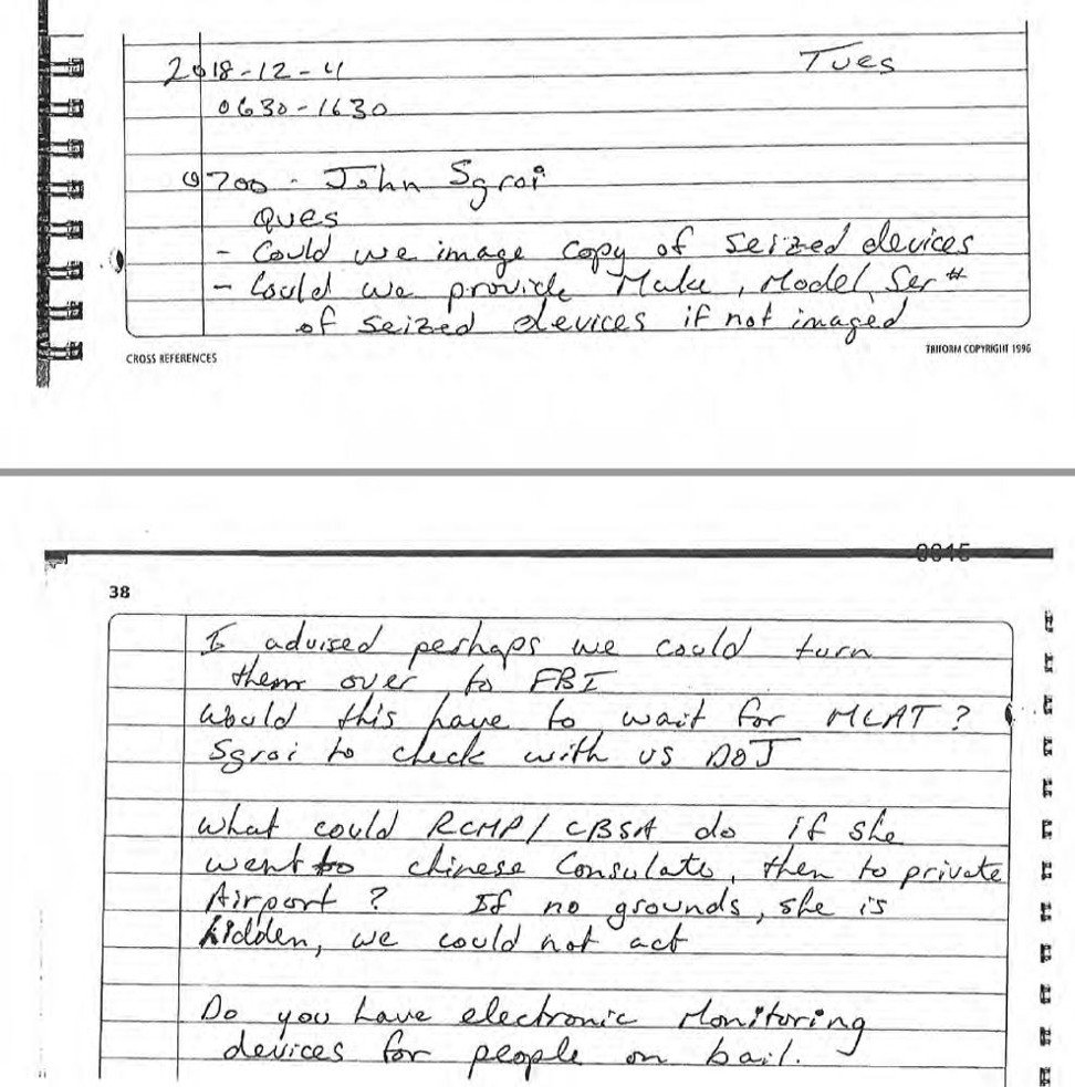 加拿大皇家騎警中士Peter Lea關於華為高管孟萬洲的手寫筆記。筆記於周一發布。照片：卑詩省最高法院
