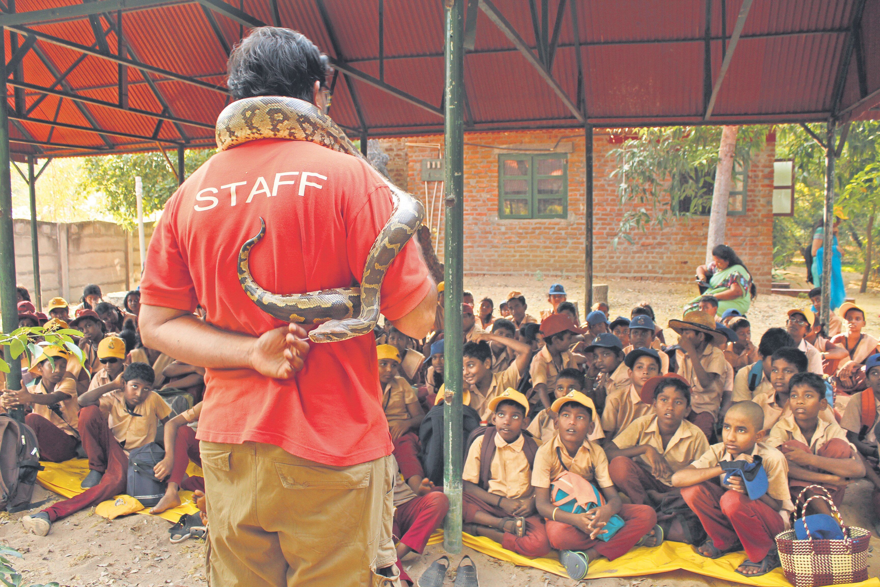 一名工作人员，为学童进行蛇类教育培训。