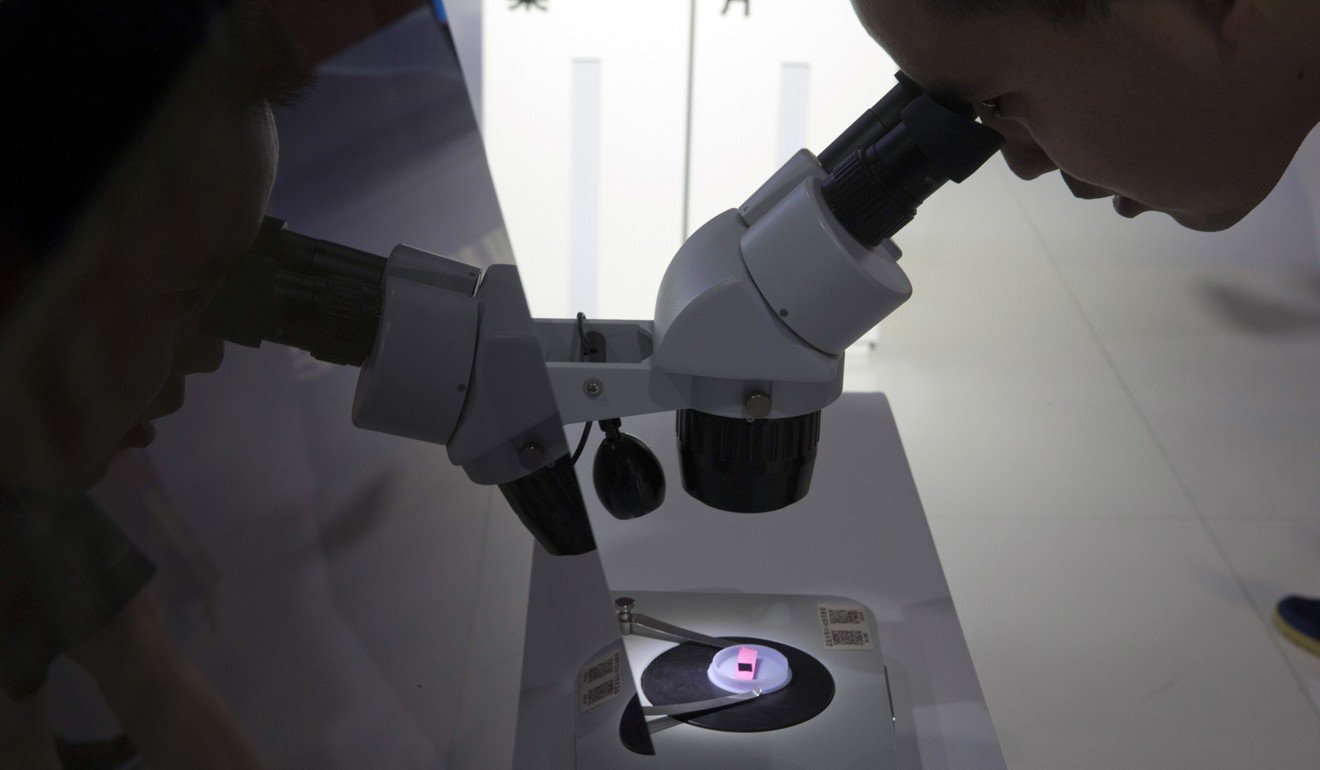 參加第21屆中國北京國際高科技博覽會的訪客通過清華紫光集團展示的顯微鏡觀察計算機晶元。照片：AP