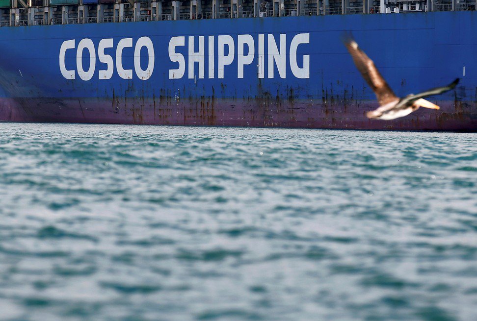 一只鸟从中国远洋运输公司（COSCO）的集装箱船飞到智利的圣安东尼奥港口。图片：路透社