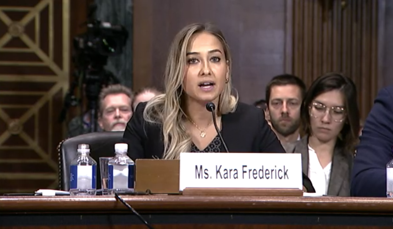 新美國安全中心的卡拉•弗雷德里克（Kara Frederick）周二在華盛頓的參議院聽證會上作證。圖片：美國參議院